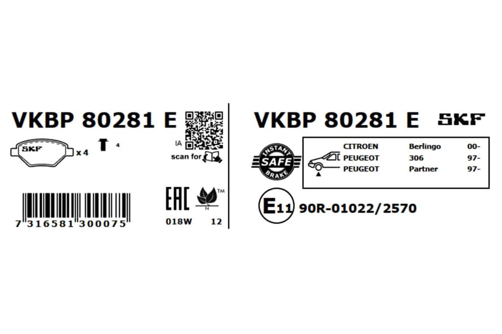 Jeu de 4 plaquettes de frein SKF ref. VKBP 80281 E